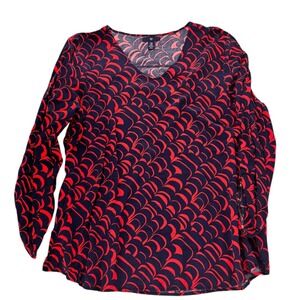 Gap Women's XXL Navy Red Print V Neck Roll Tab Sleeve Blouse Top